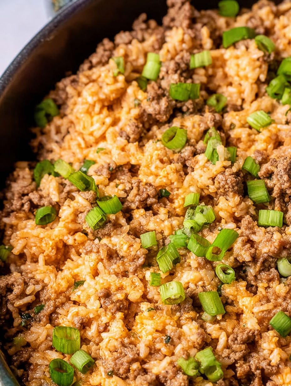 A bowl of rice with meat and green onions.