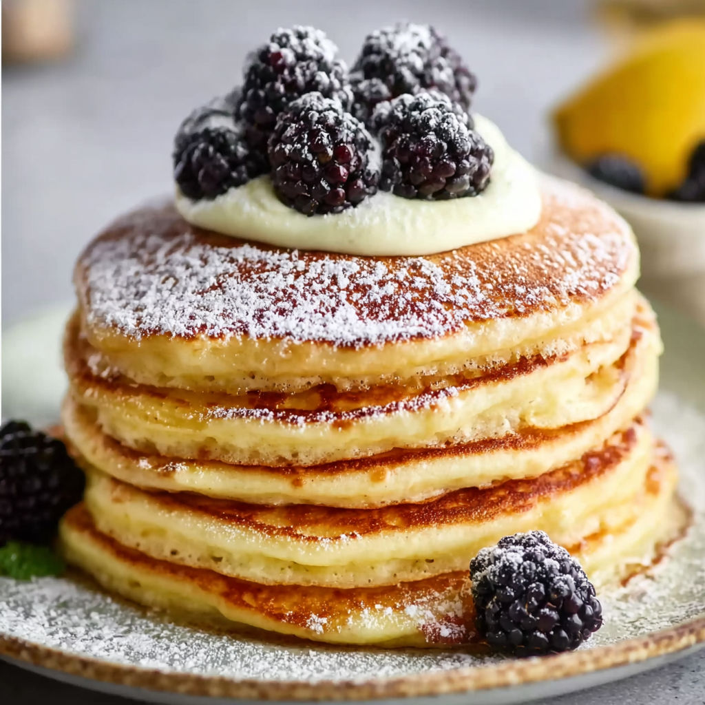 A stack of pancakes with berries on top.