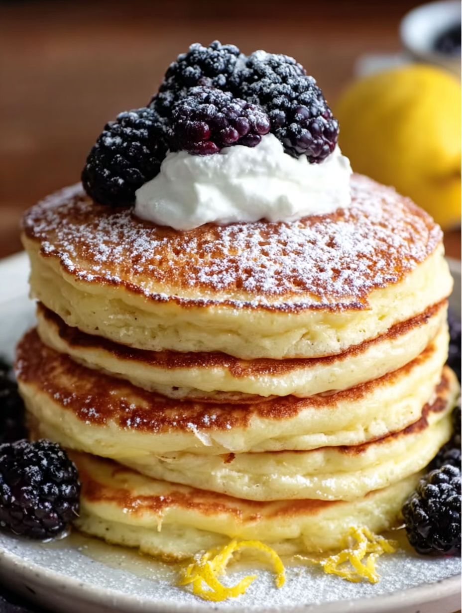 A stack of pancakes with berries on top.