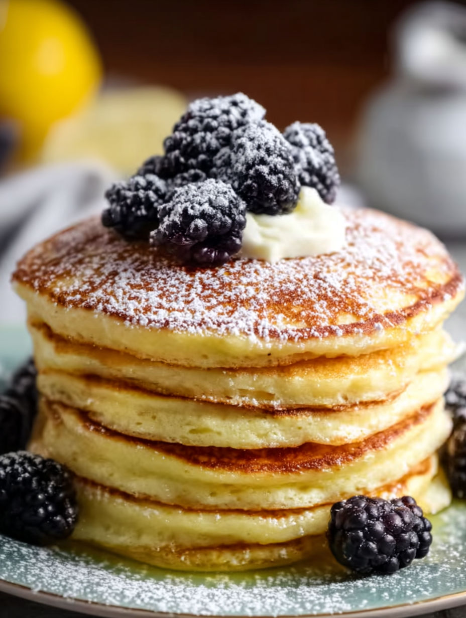 A stack of pancakes with blackberries on top.