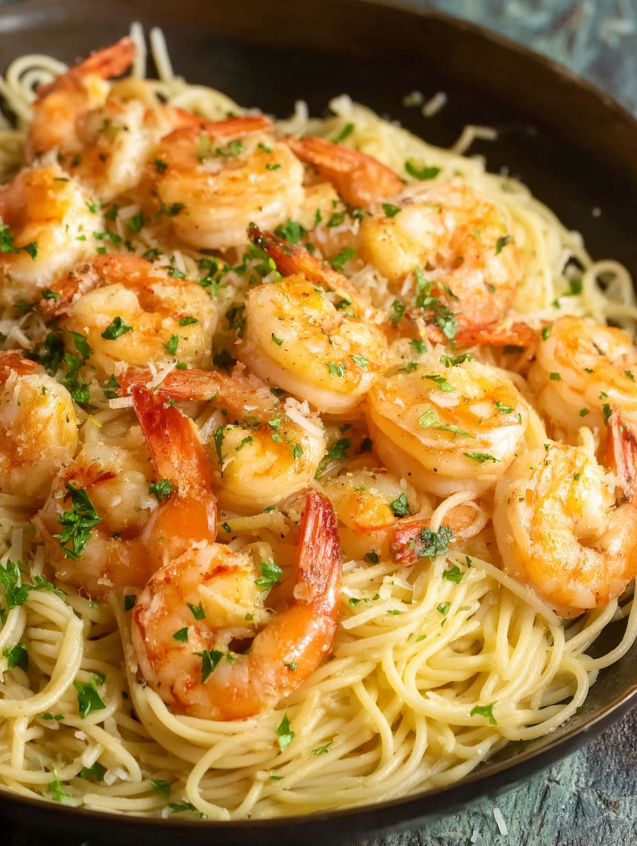 A bowl of shrimp scampi with pasta.