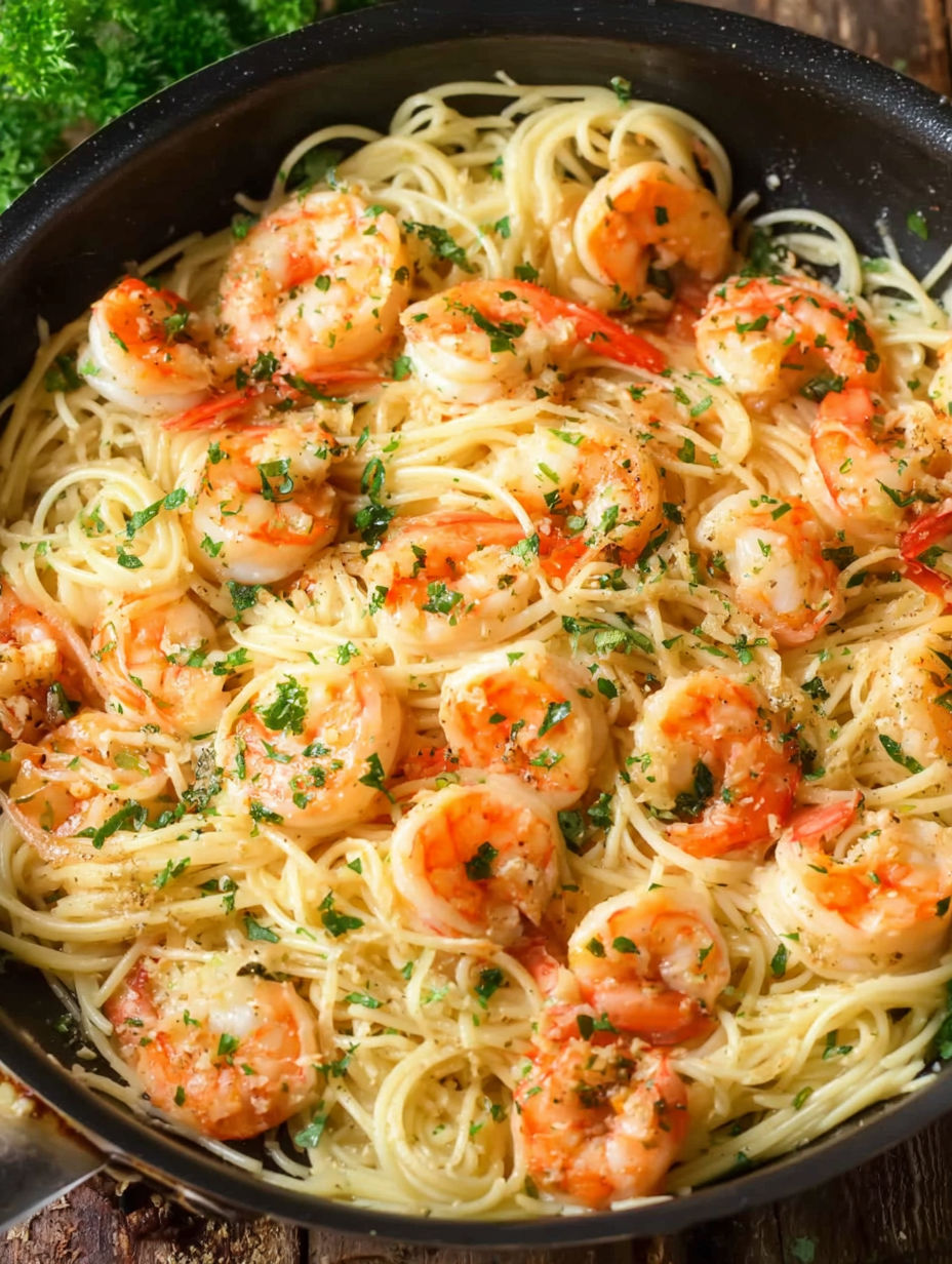 A dish of shrimp scampi with pasta.