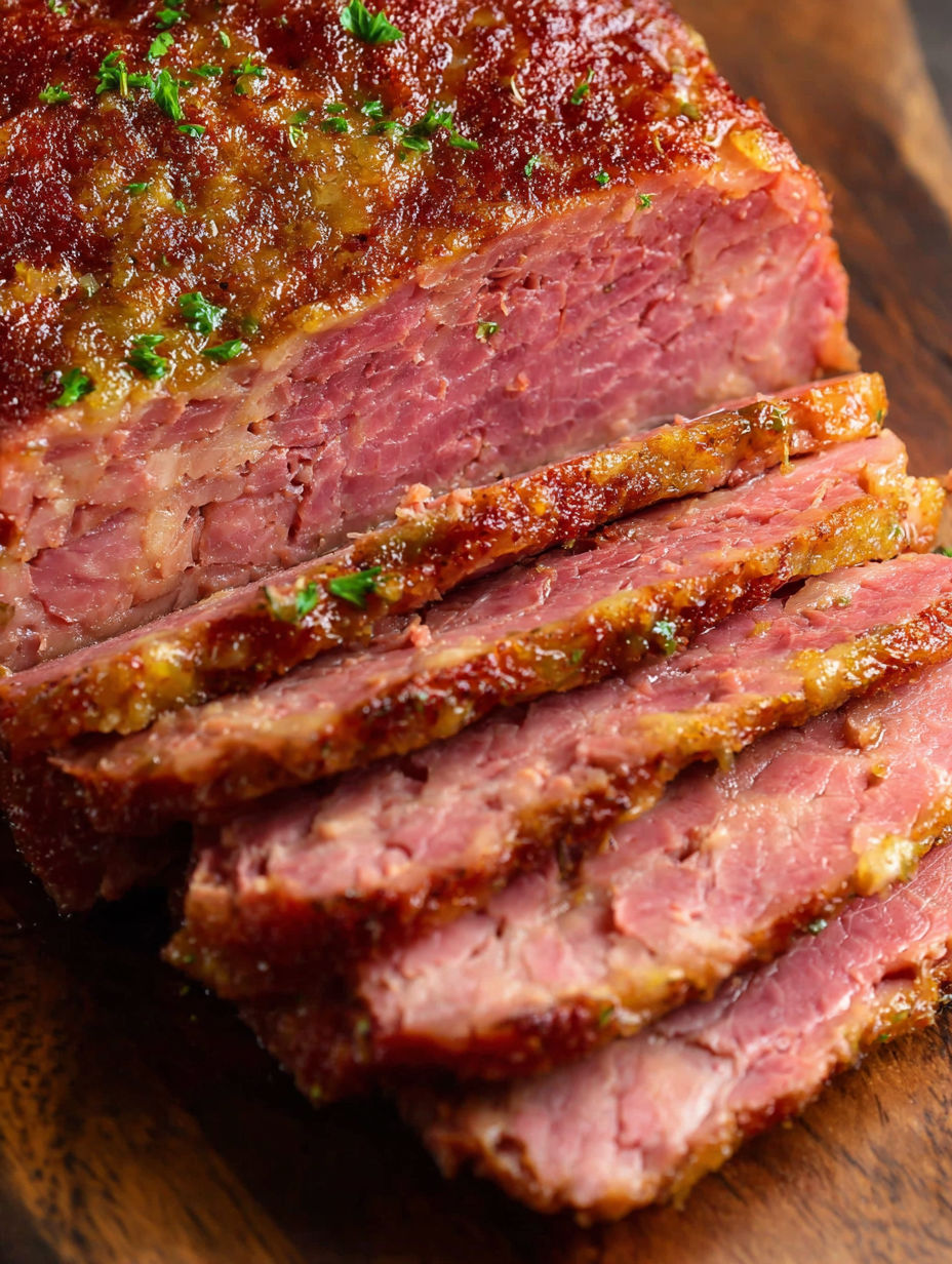 A piece of corned beef sits on a wooden cutting board.
