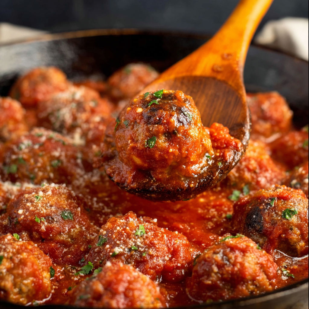 A wooden spoon is in a bowl of meatballs.