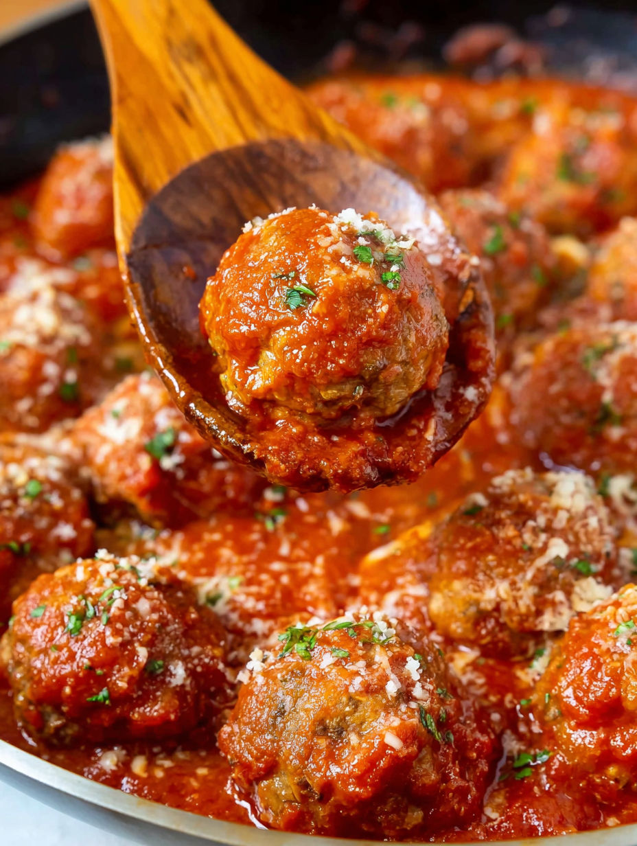 A wooden spoon is dipping into a bowl of meatballs.
