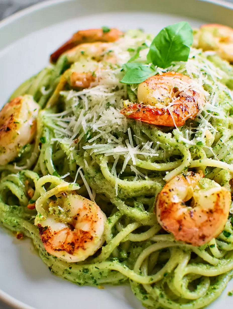 A plate of pasta with shrimp and pesto sauce.