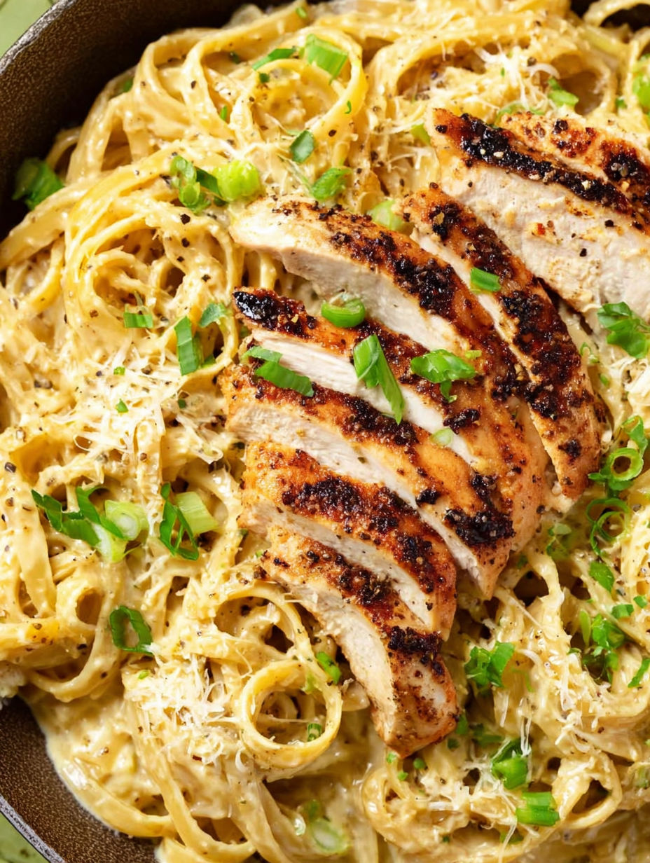 A plate of pasta with chicken and green peppers.