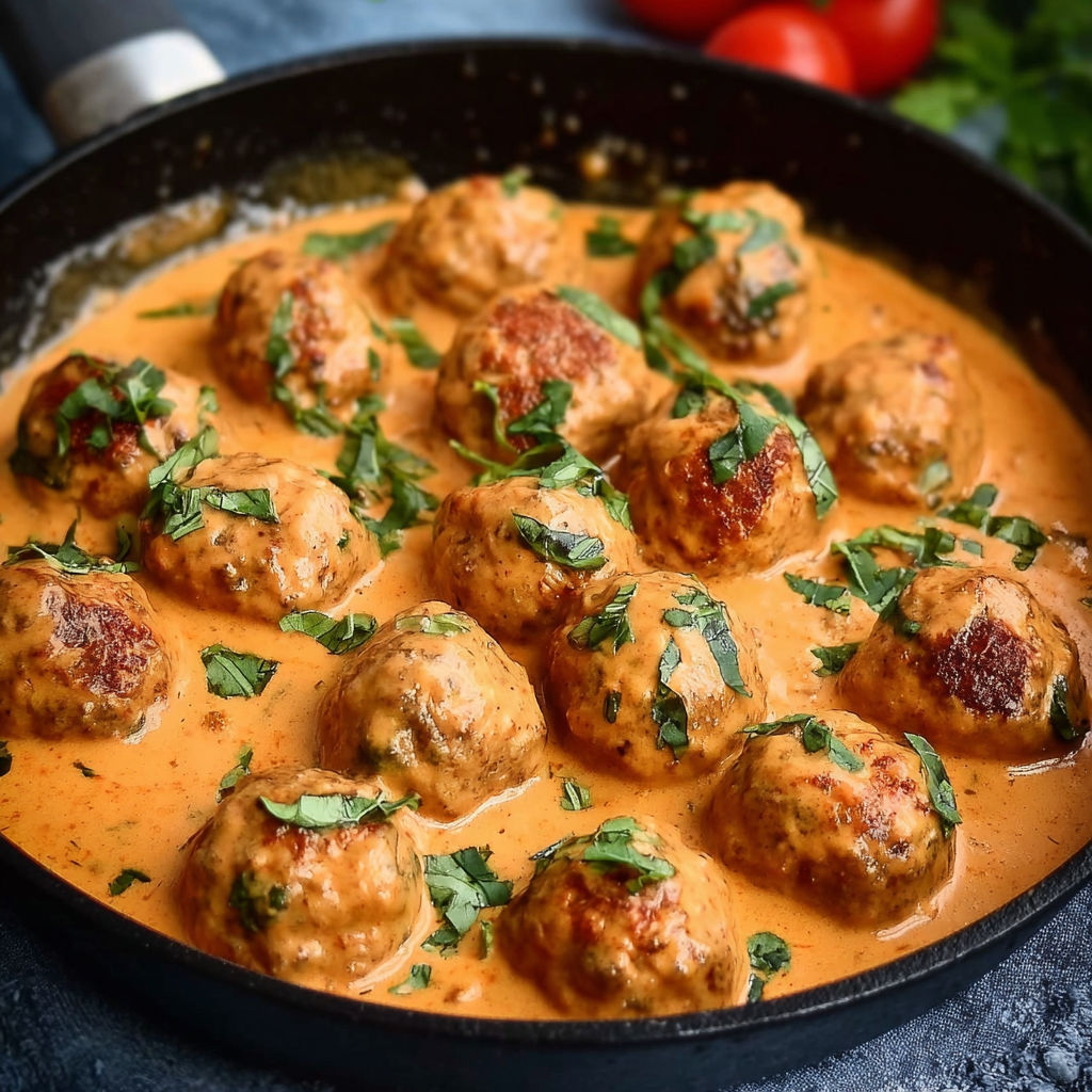 A pan of meatballs in a creamy tomato basil sauce.