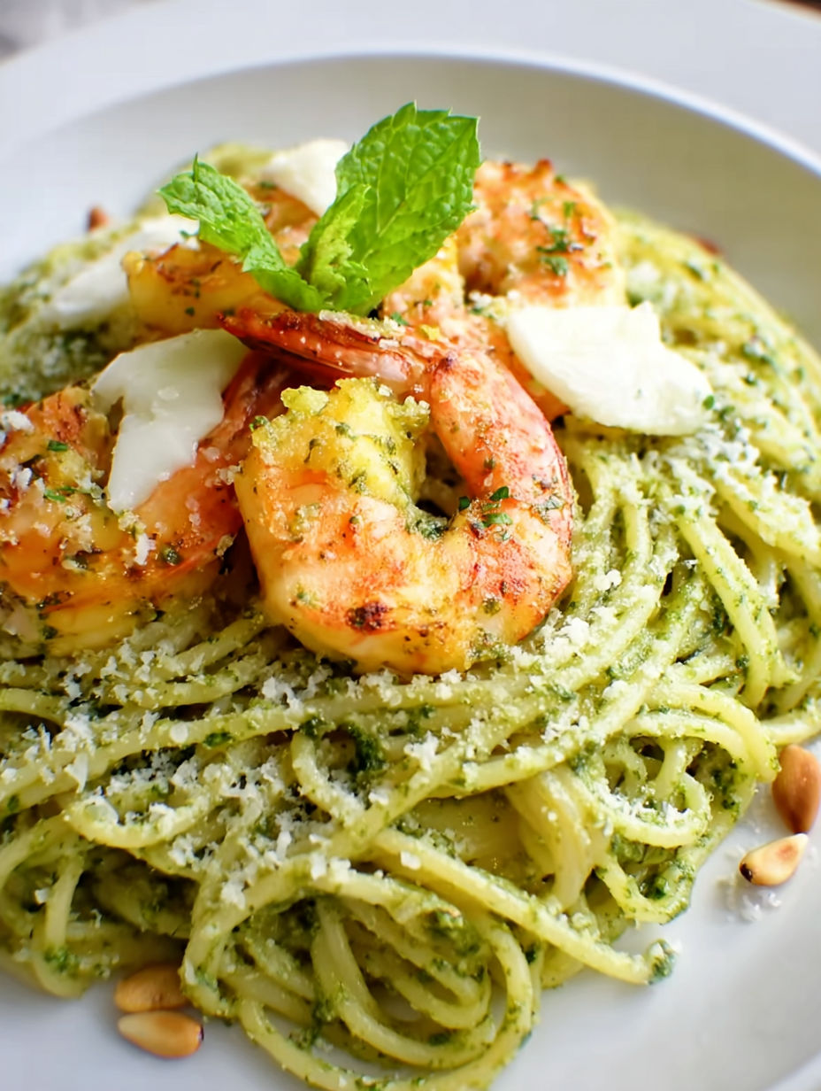 A plate of pasta with shrimp and pesto.