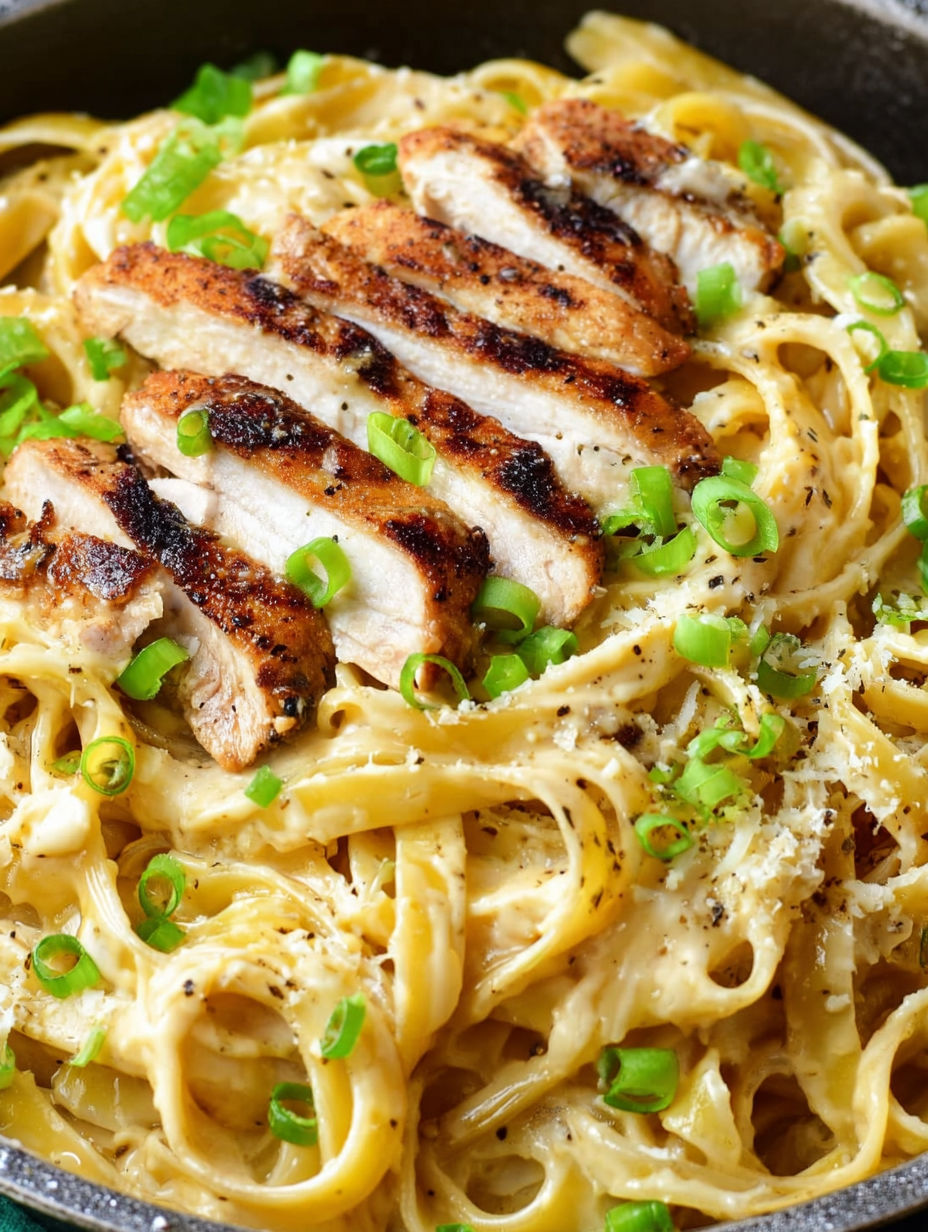 A plate of pasta with chicken and peppers.
