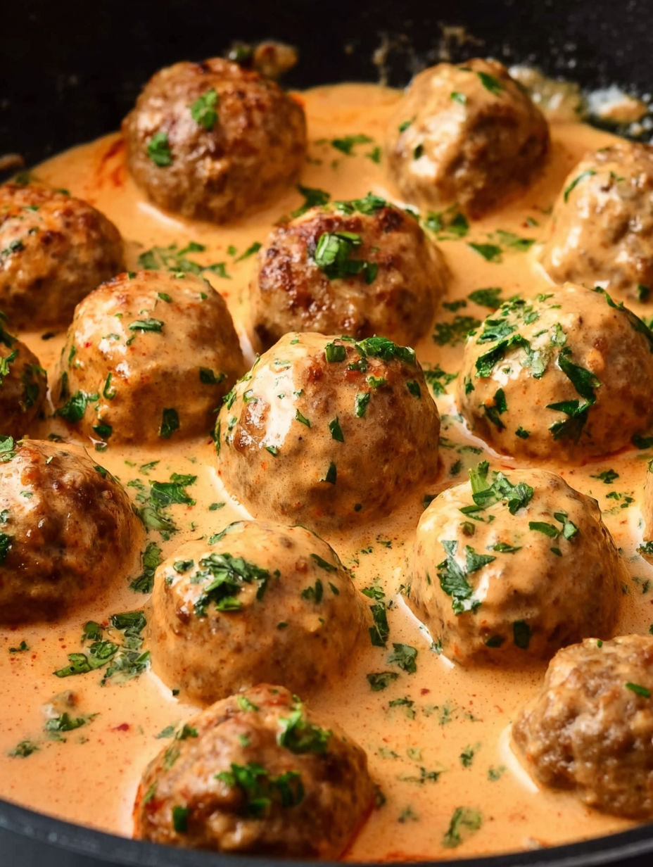 Meatballs in a creamy tomato basil sauce.