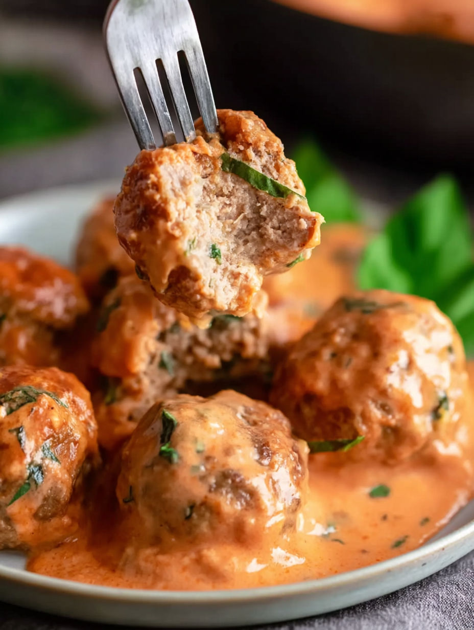 A fork is being used to pick up a meatball covered in tomato sauce.