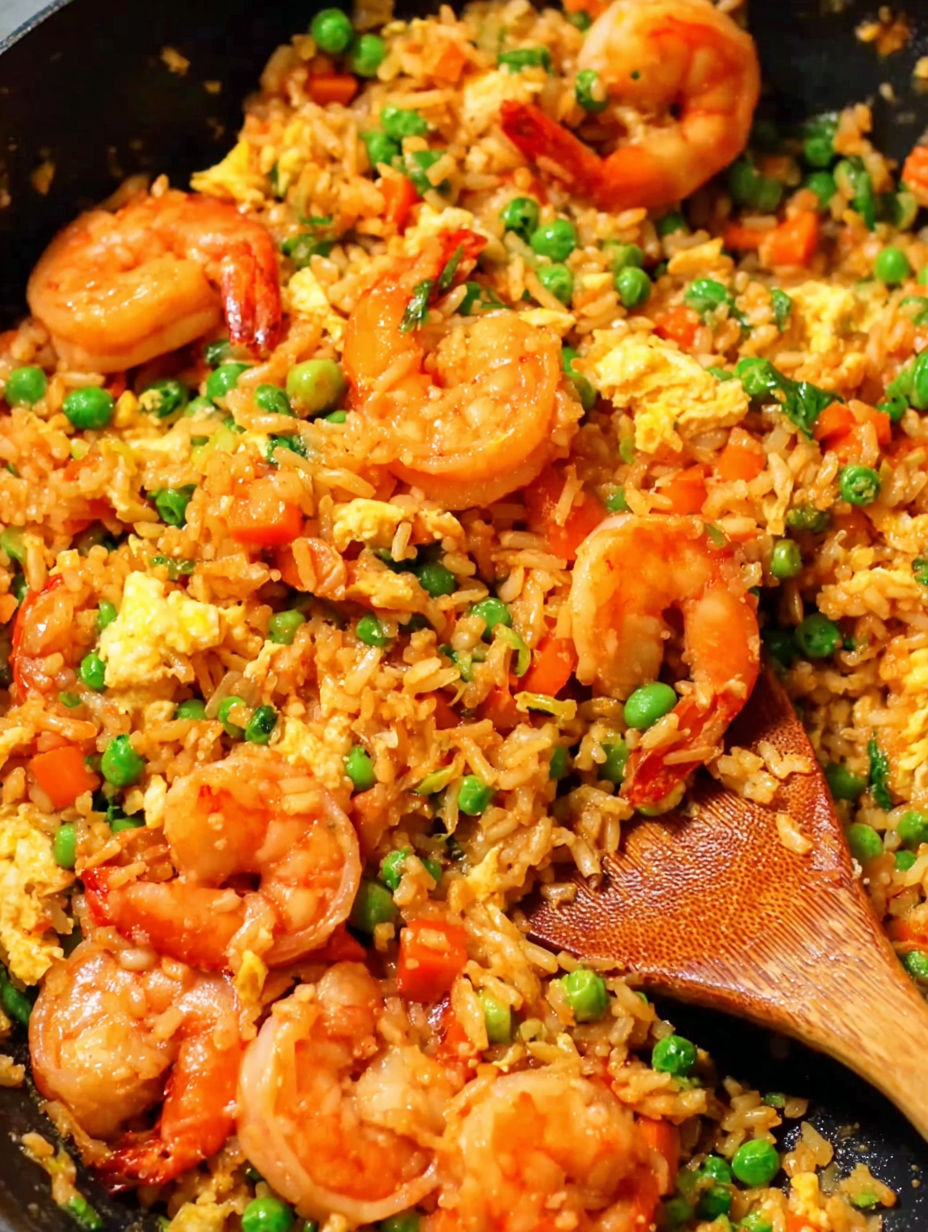 A wooden spoon is in a bowl of shrimp fried rice.