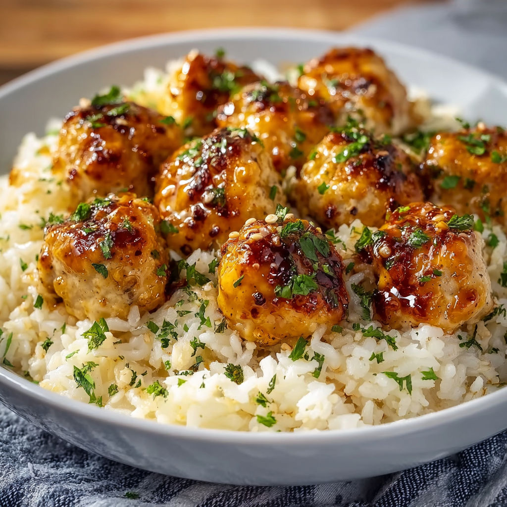A bowl of rice with chicken bites on top.