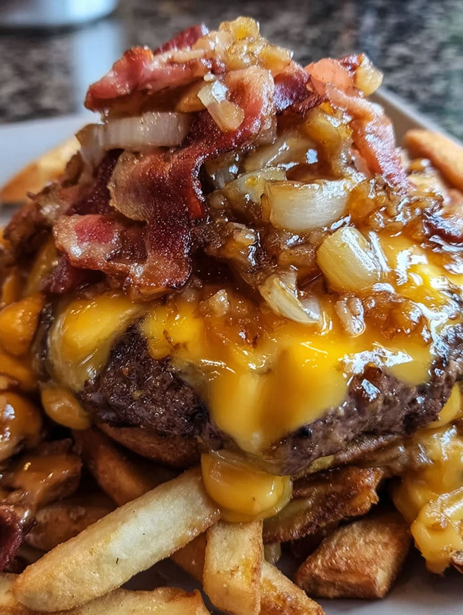A cheeseburger with bacon and onions on top.