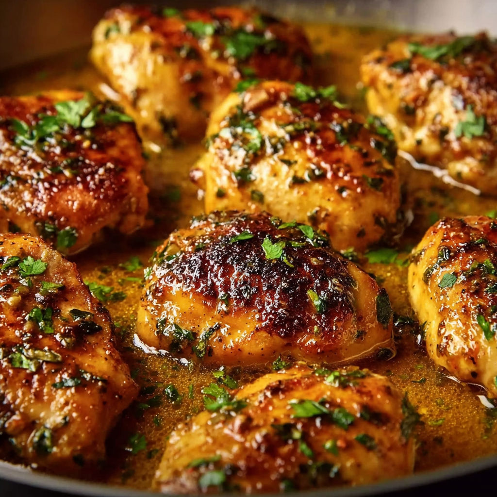 A skillet of chicken with herbs and spices.
