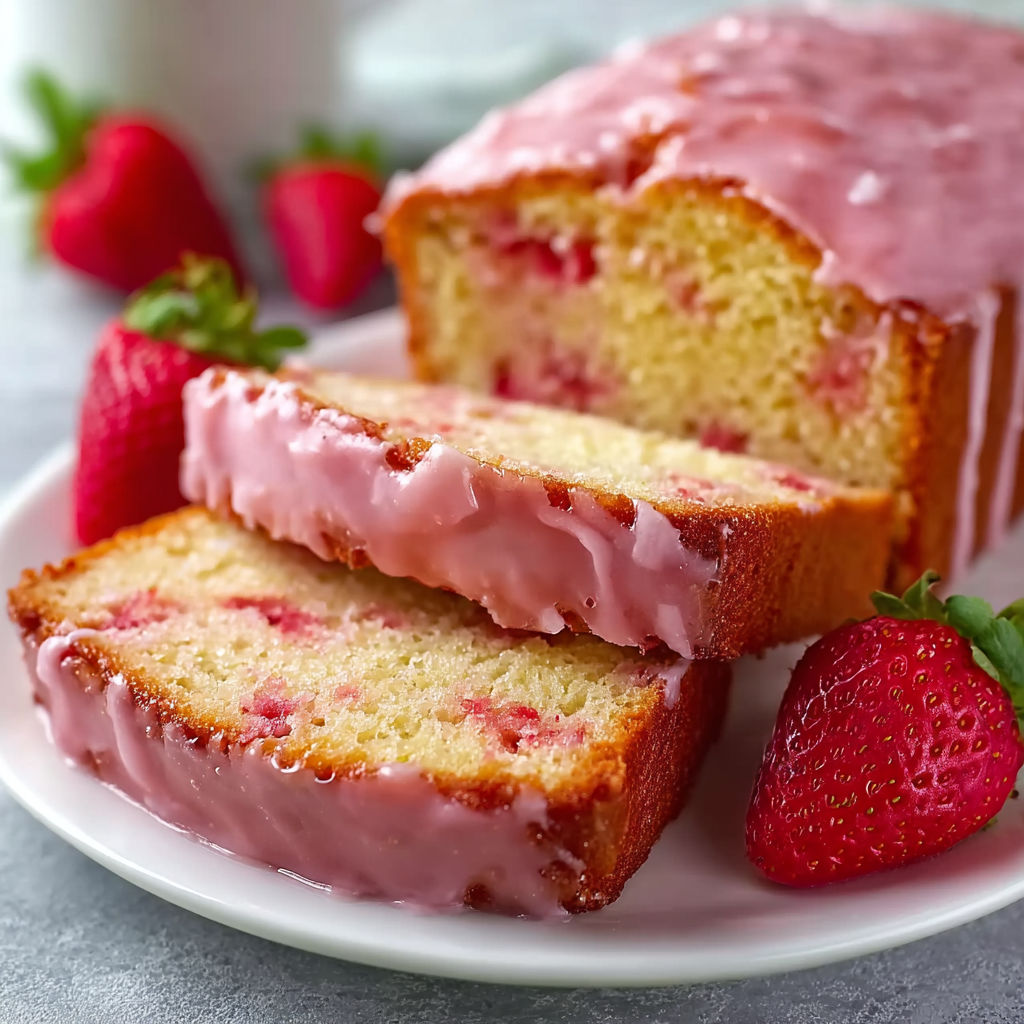 A slice of moist strawberry pound cake.
