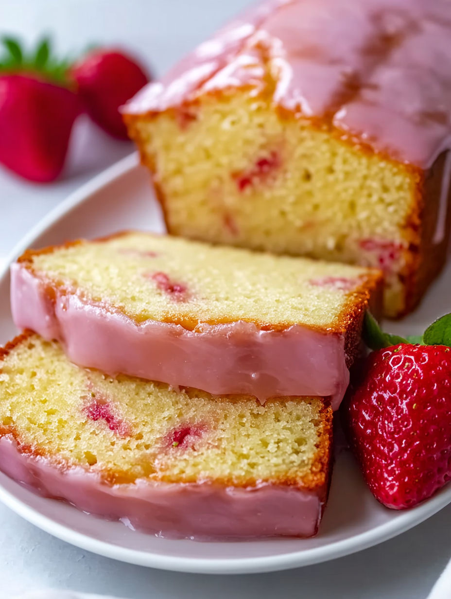 A slice of moist strawberry pound cake.