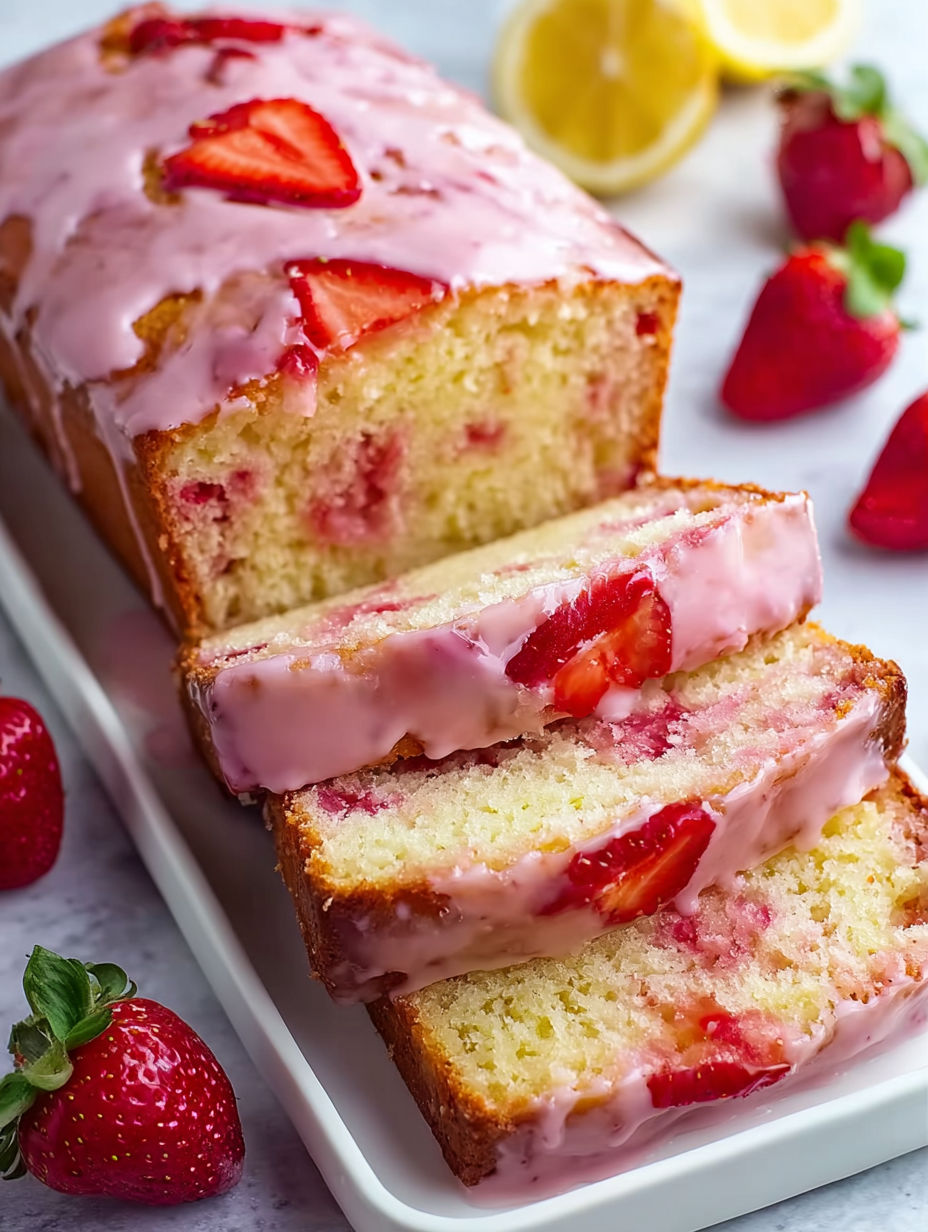 A slice of moist strawberry pound cake.