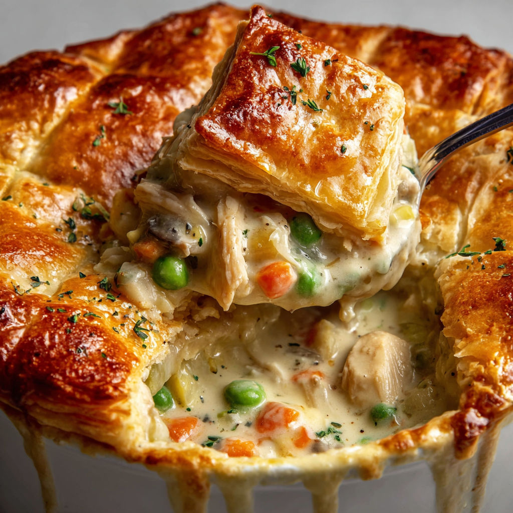 A close up of a pot pie with a fork in it.