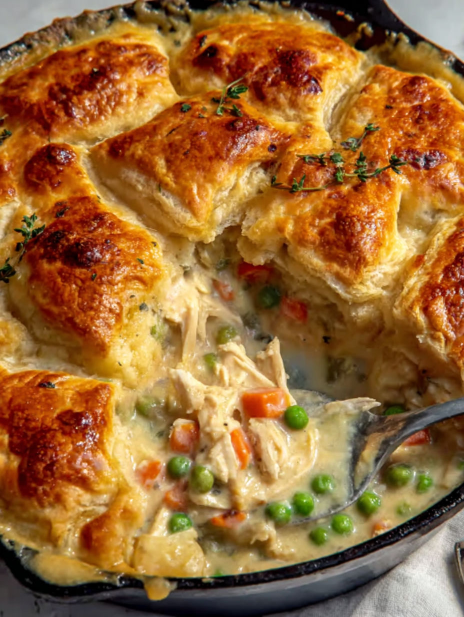 A close up of a pot pie with a fork in it.