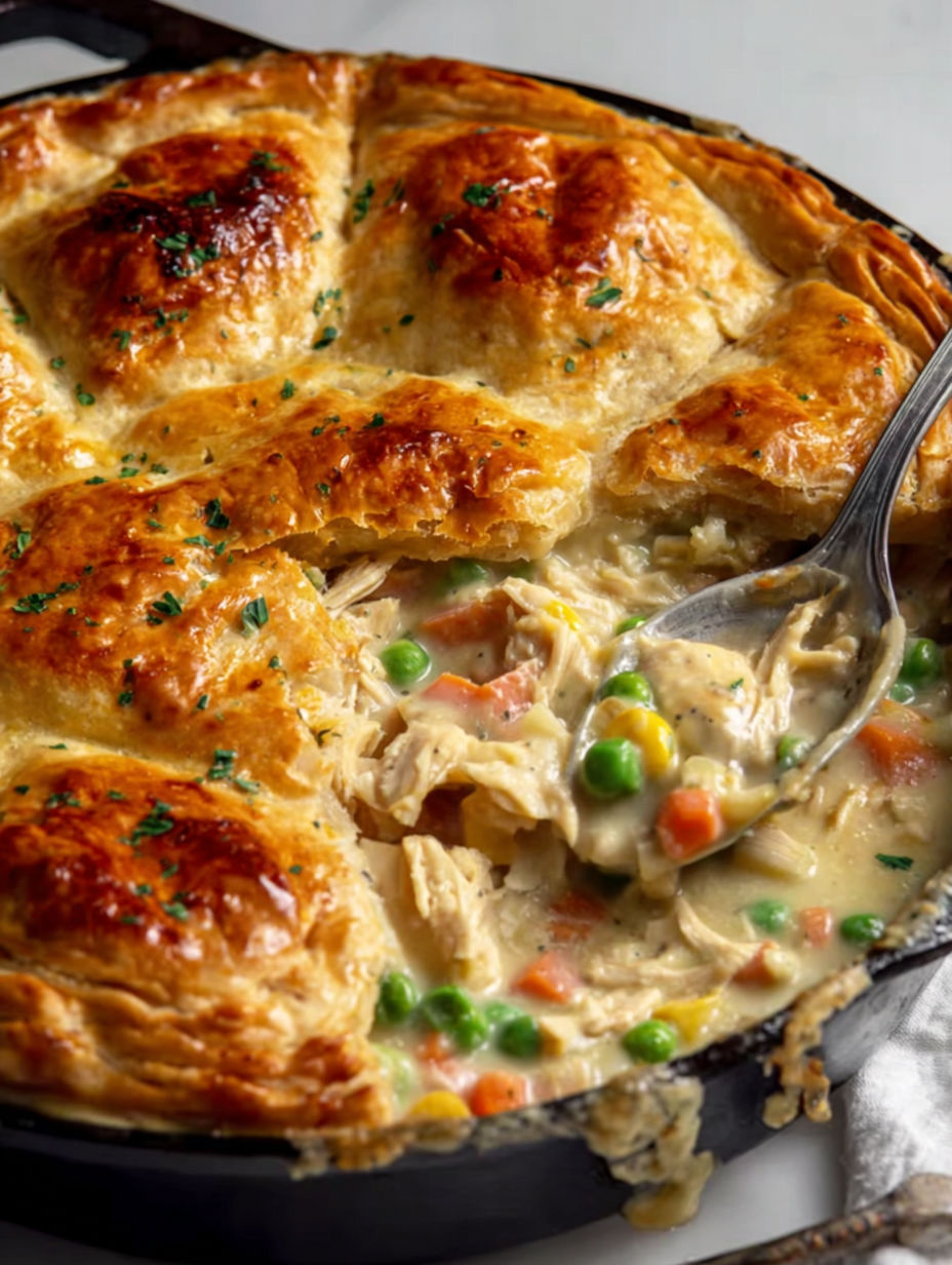 A close up of a pot pie with a fork in it.