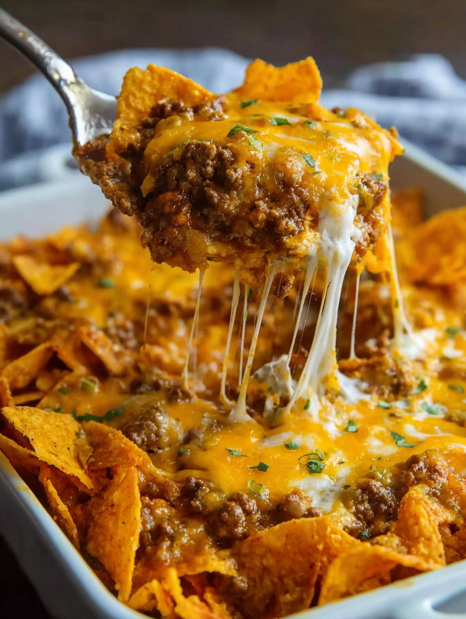 A fork is in a bowl of Doritos and cheese.