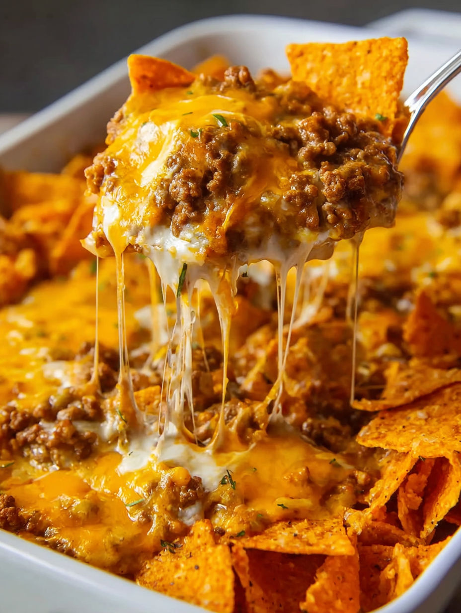 A delicious casserole with cheese and meat.