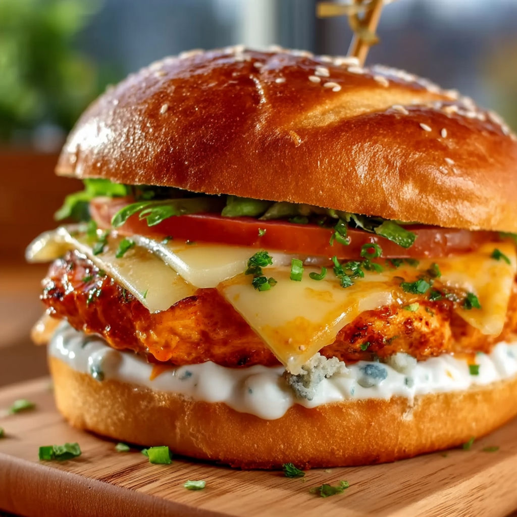 A close up of a buffalo chicken burger.