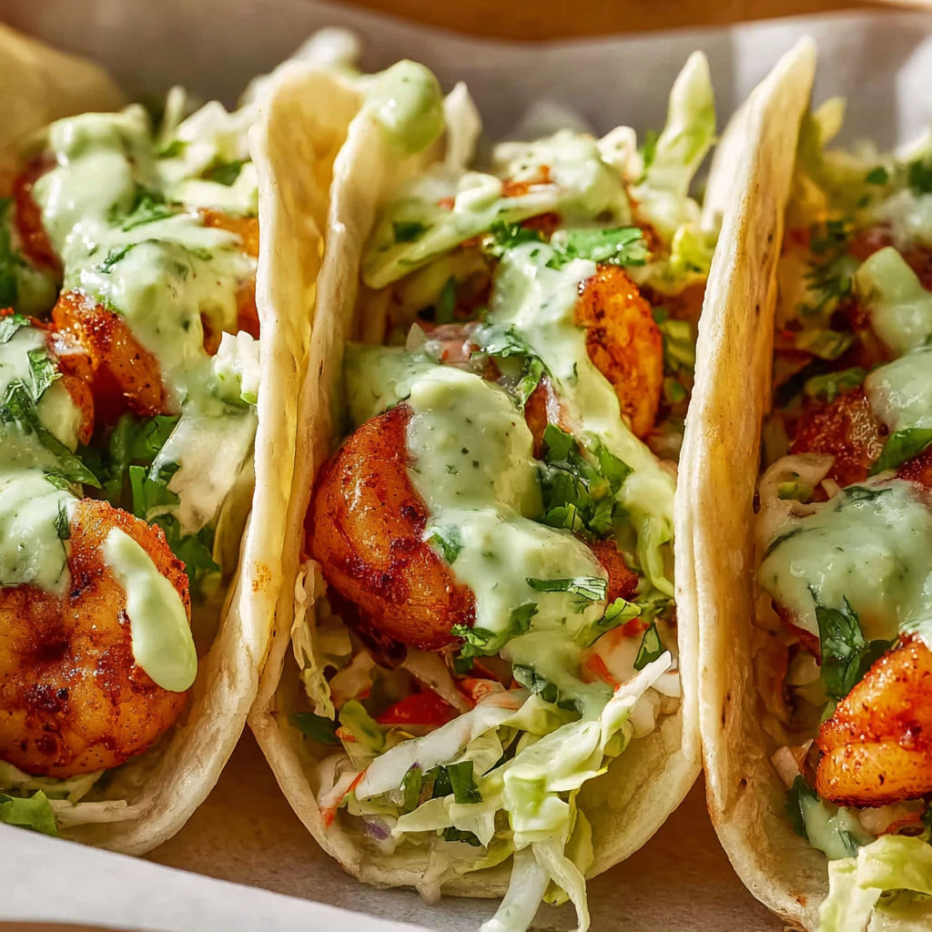 A plate of shrimp tacos with sauce.