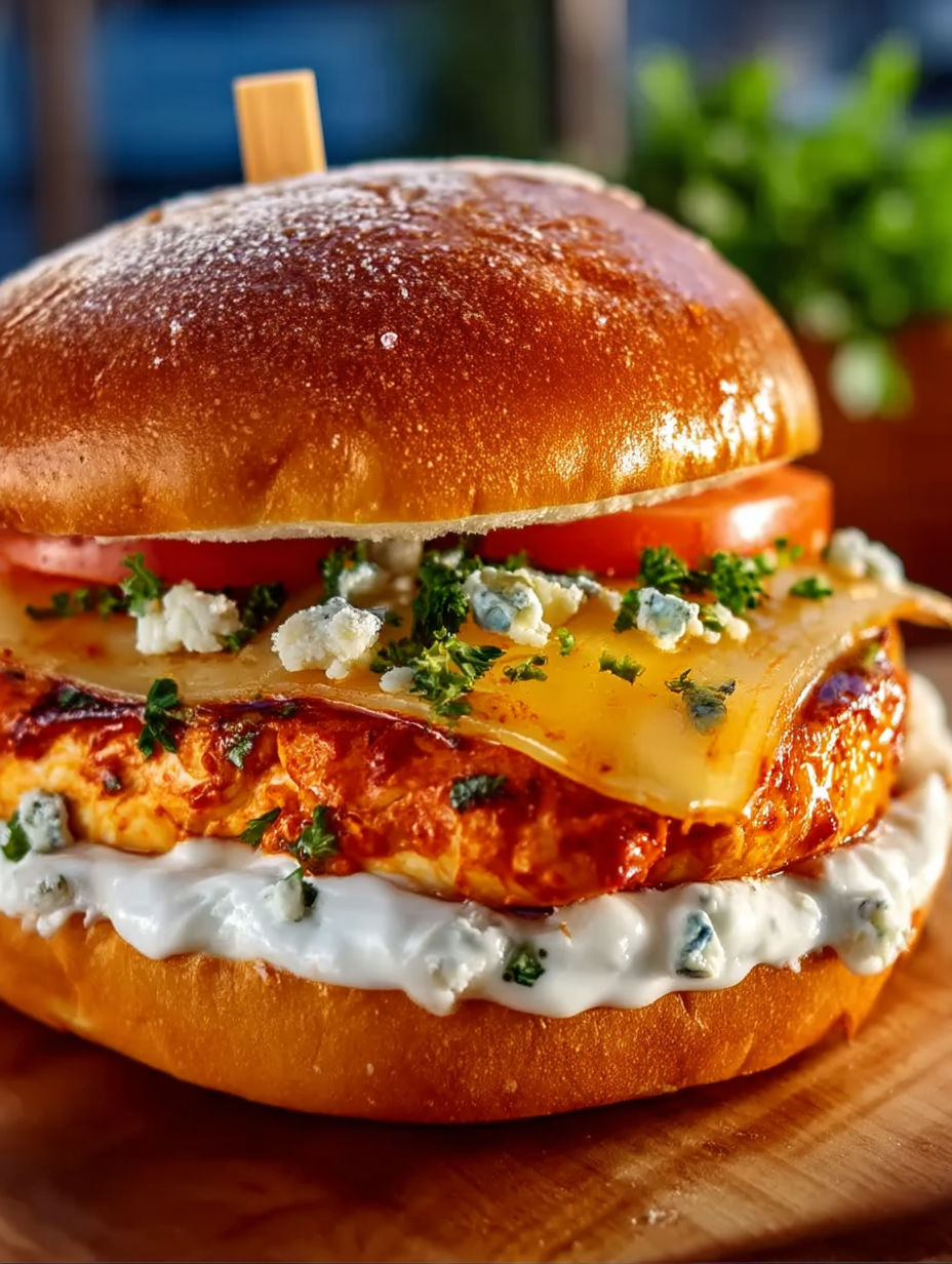 A close up of a buffalo chicken burger.