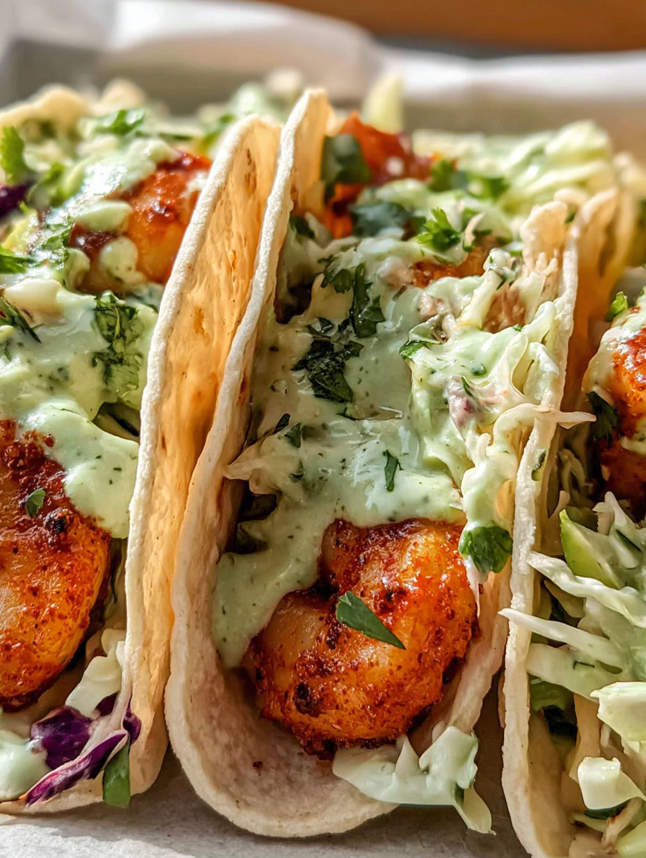 Shrimp tacos with sauce and lettuce.