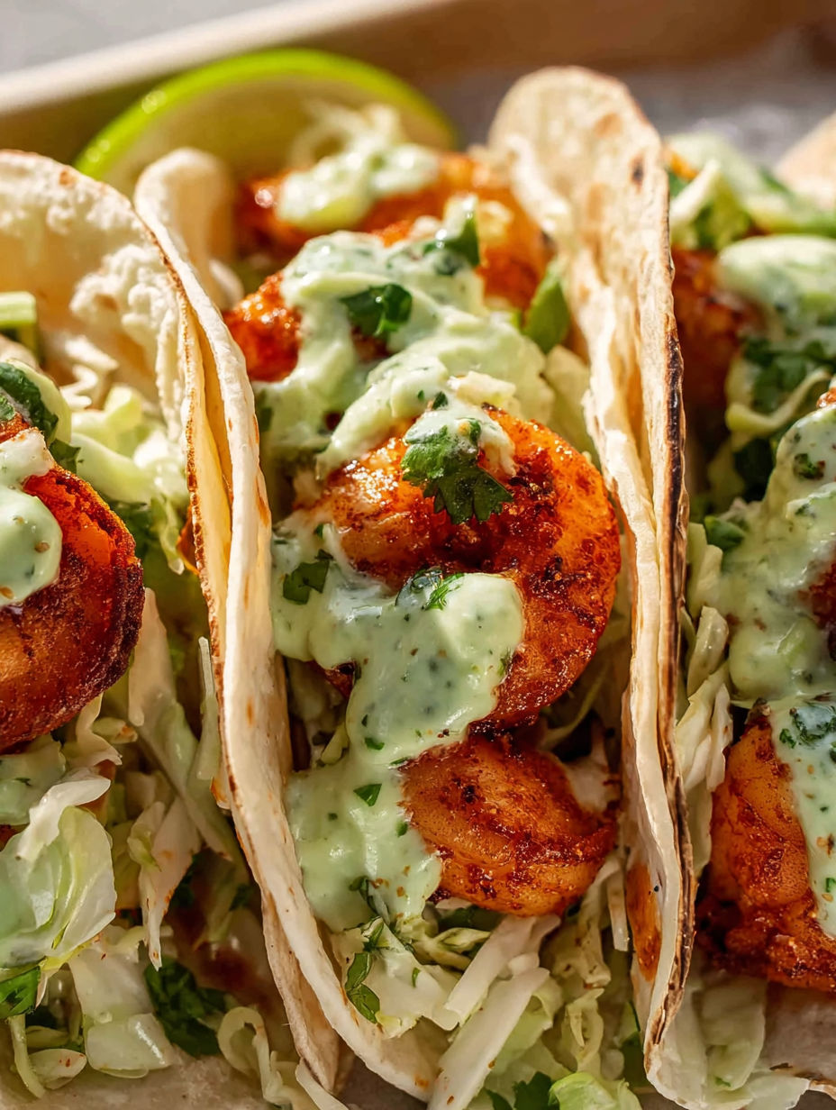 Shrimp tacos with a white sauce.