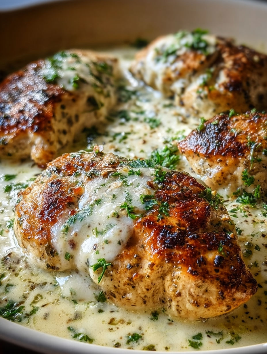 Baked chicken with cream cheese and herbs.