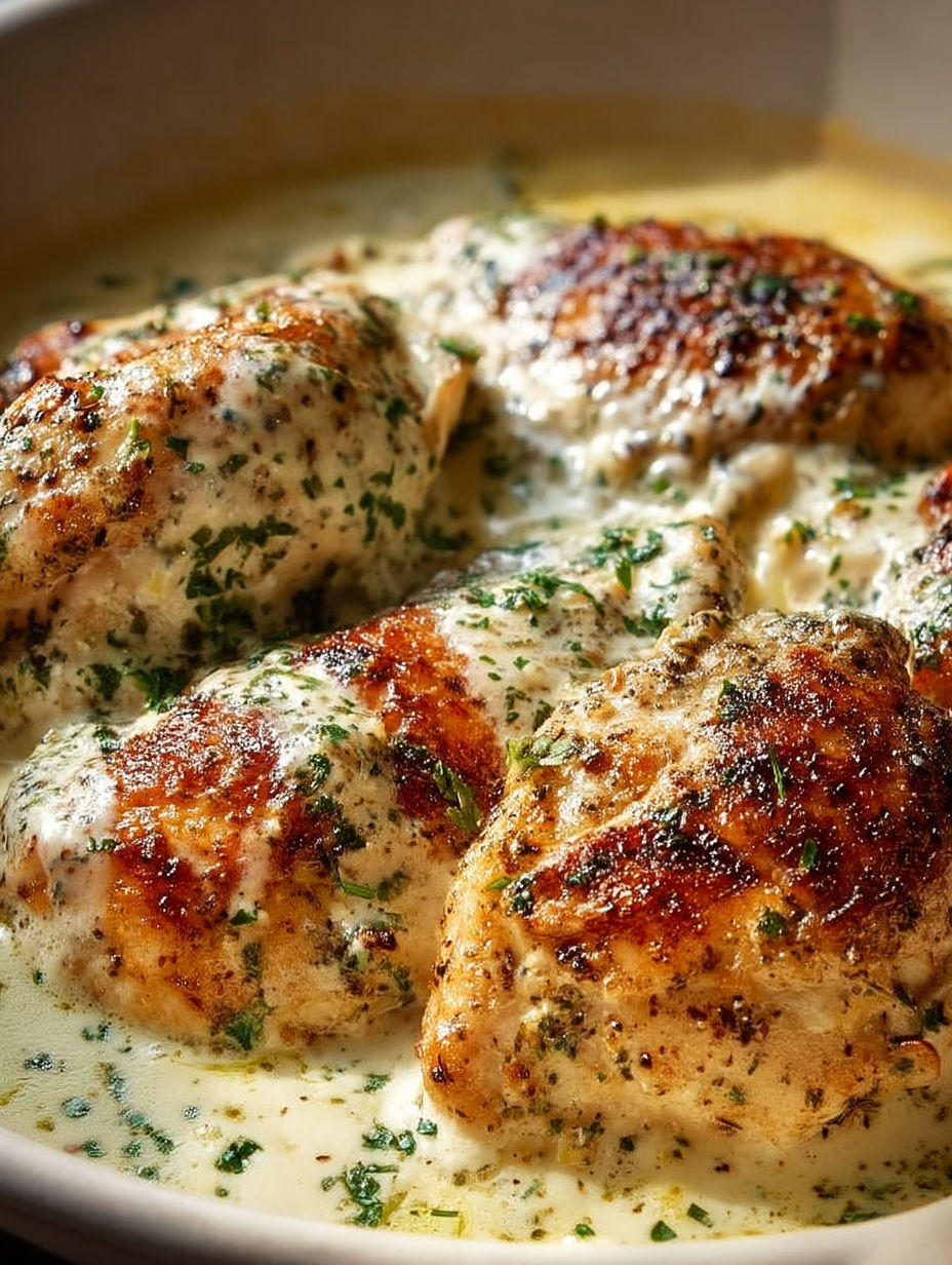 A close up of baked chicken with cream cheese and herbs.