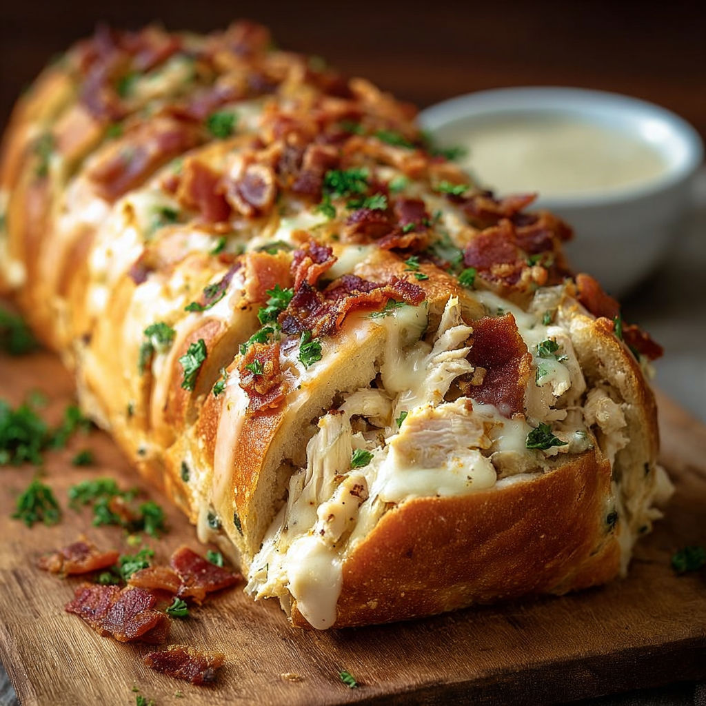 A savory chicken bacon ranch bread is displayed on a wooden cutting board.