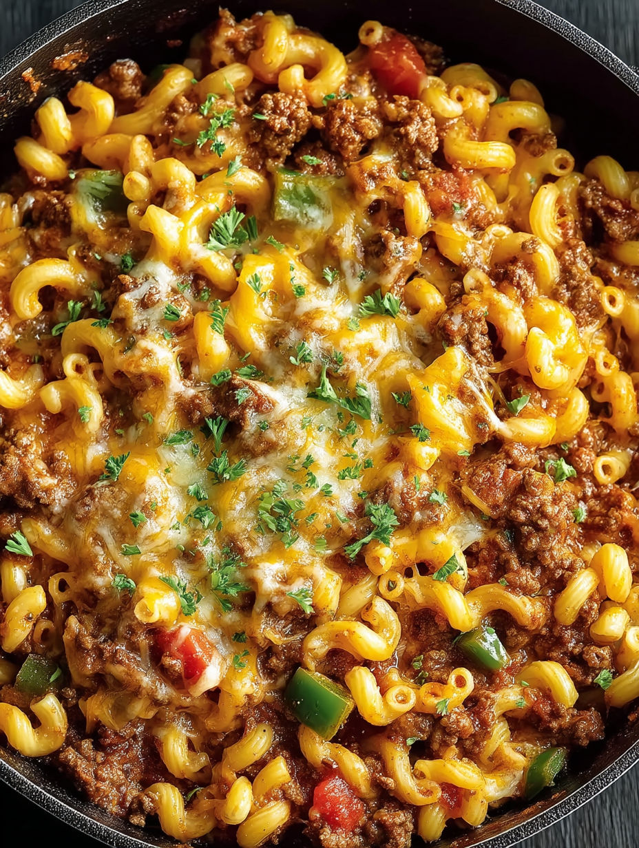A close up of a bowl of chili mac and cheese.