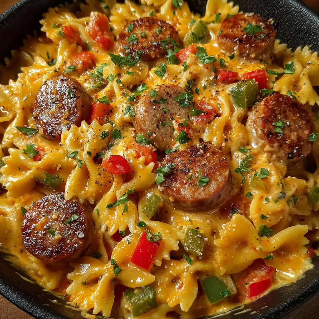 A delicious one pot cheesy smoked sausage dish.