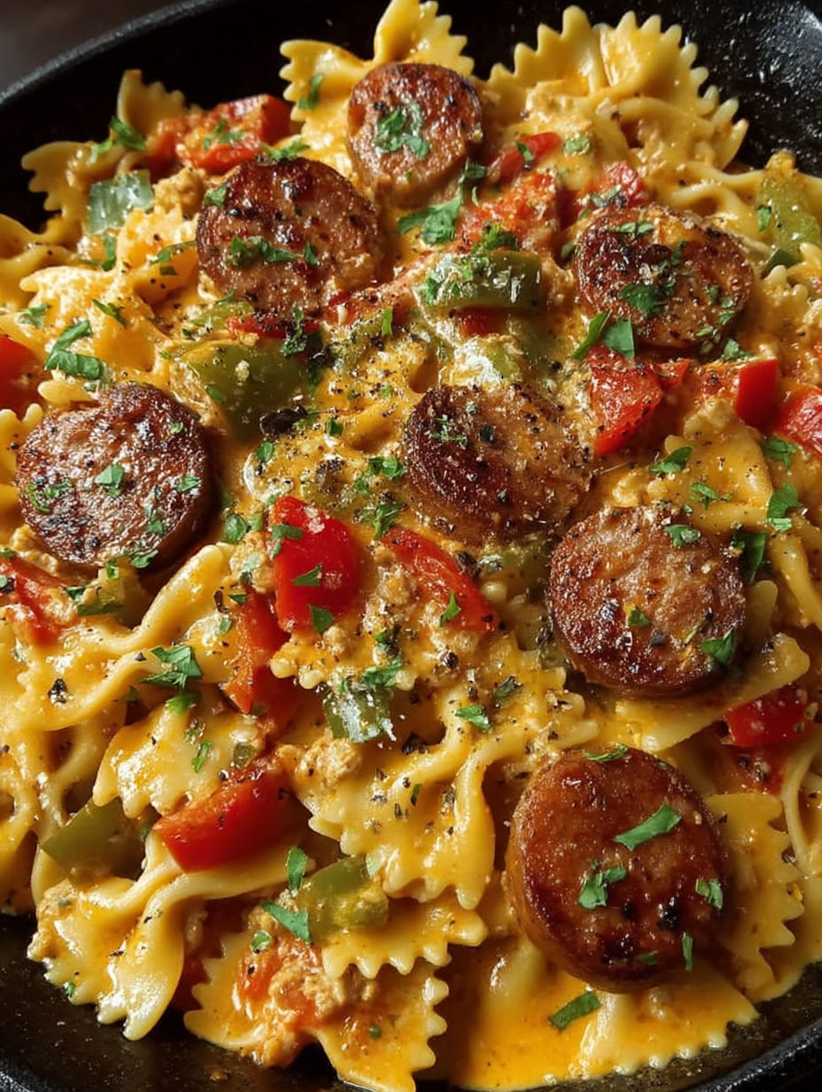 A delicious one pot cheesy smoked sausage dish.