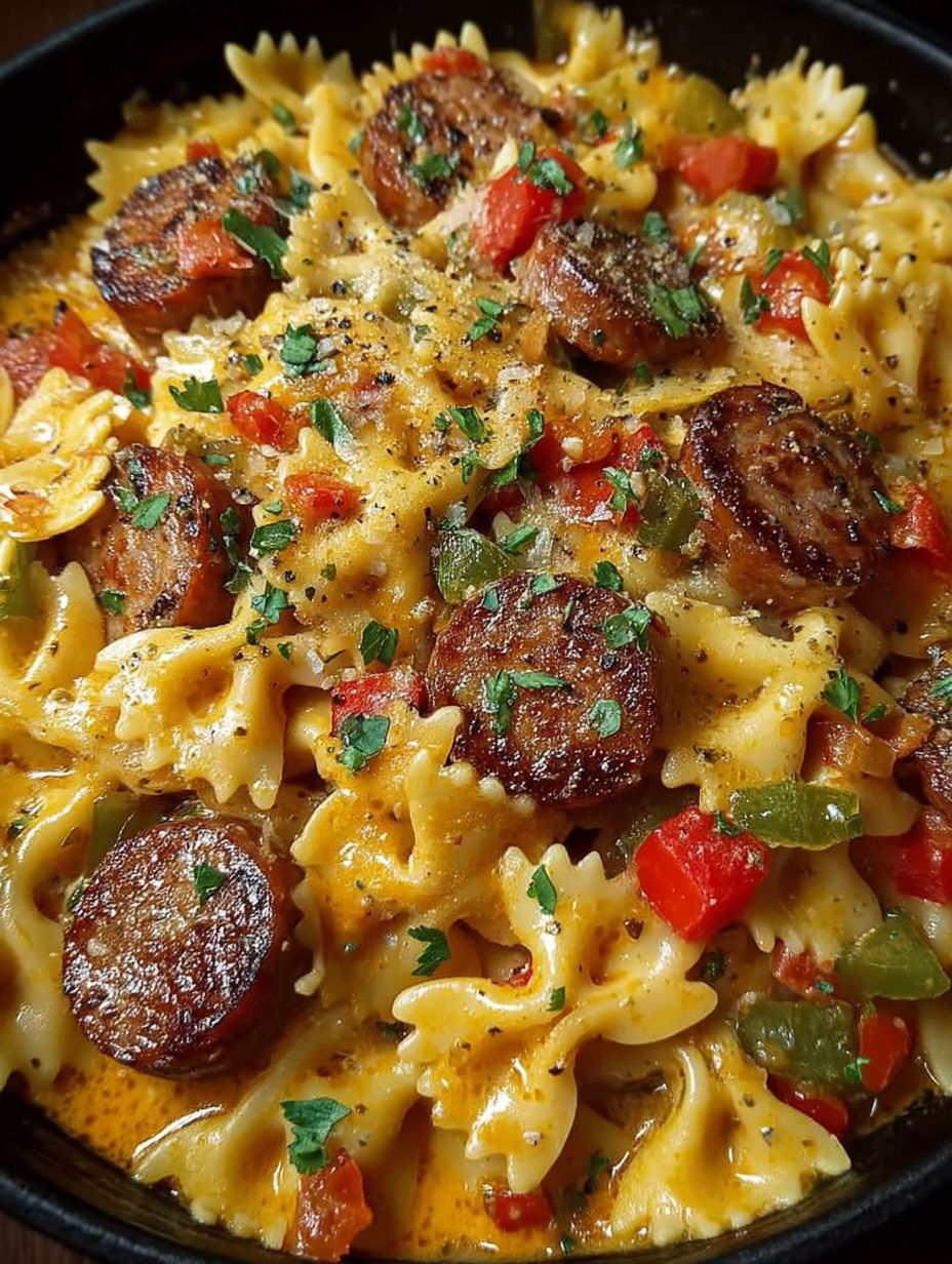 A close up of a delicious one pot cheesy smoked sausage.