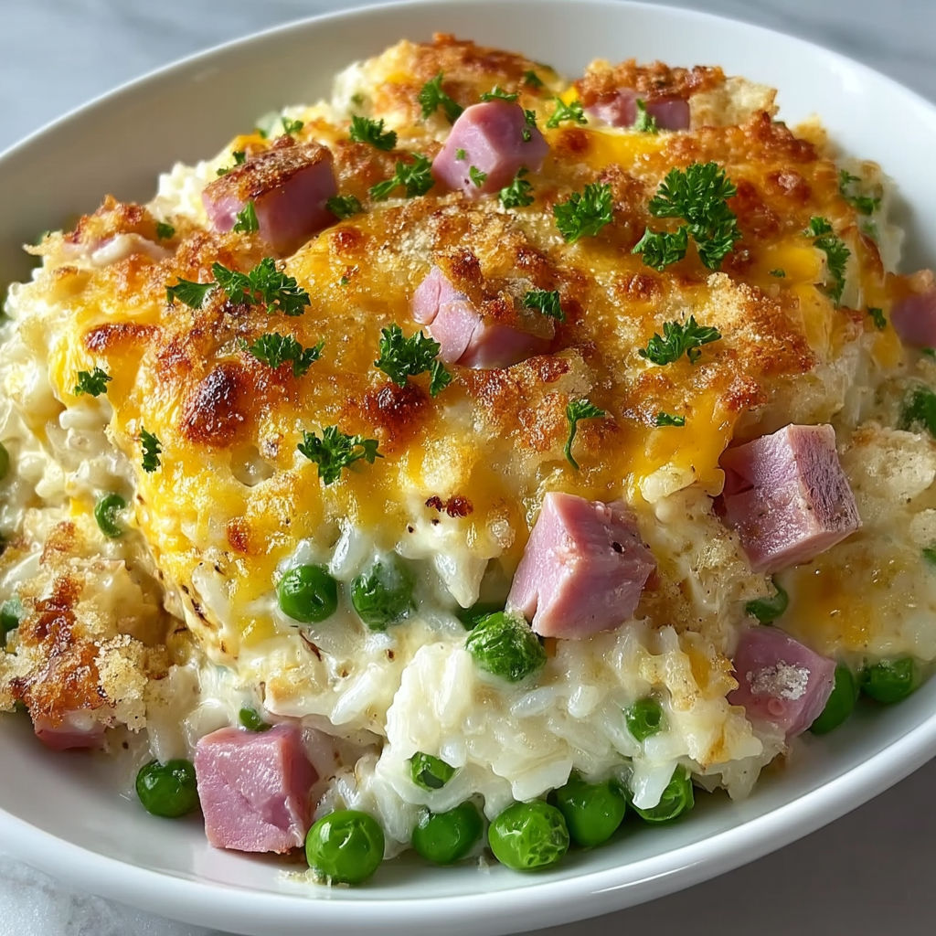 A white bowl filled with a cheesy ham and pea casserole.