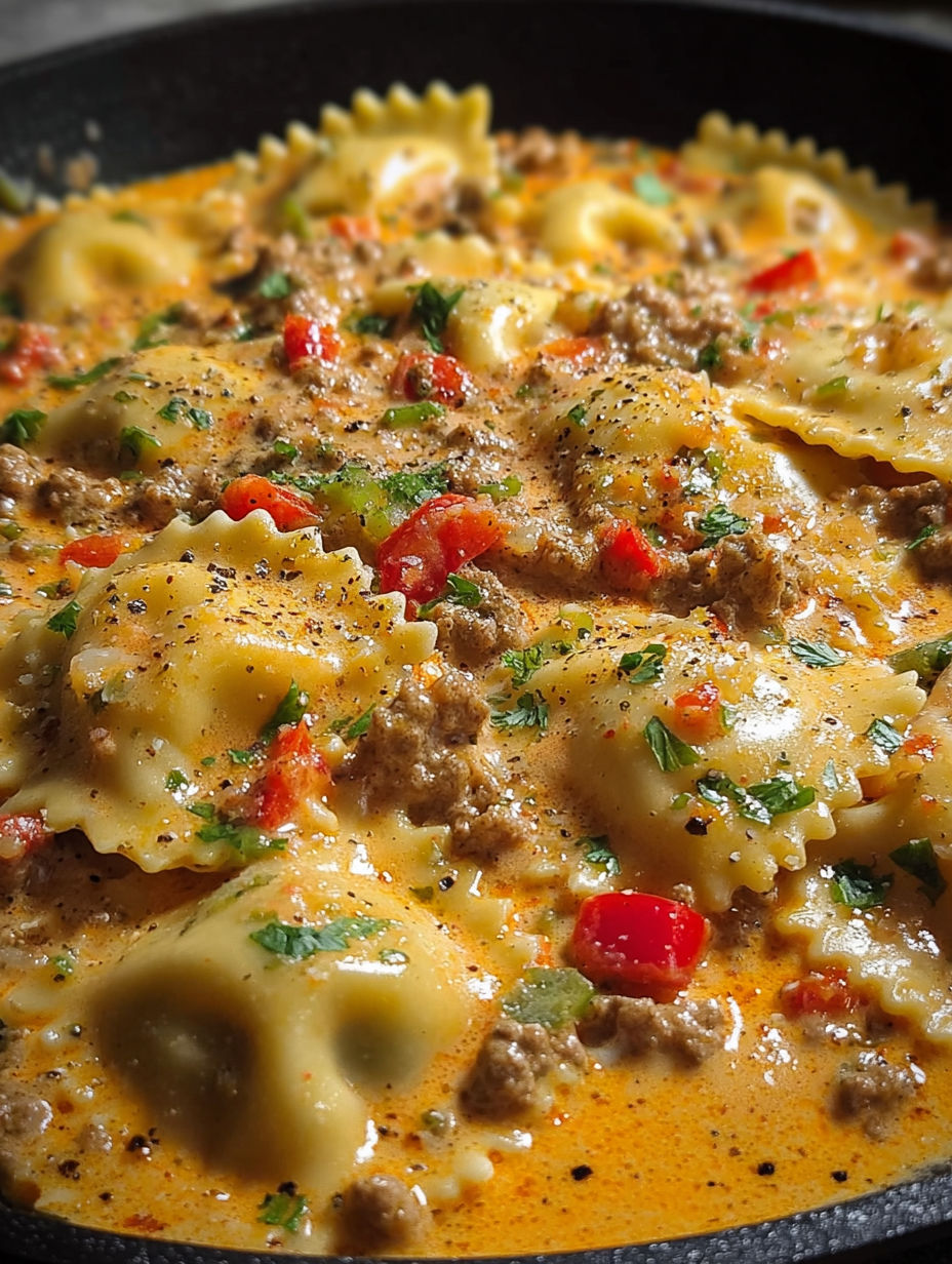A close up of a creamy cajun sausage ravioli.