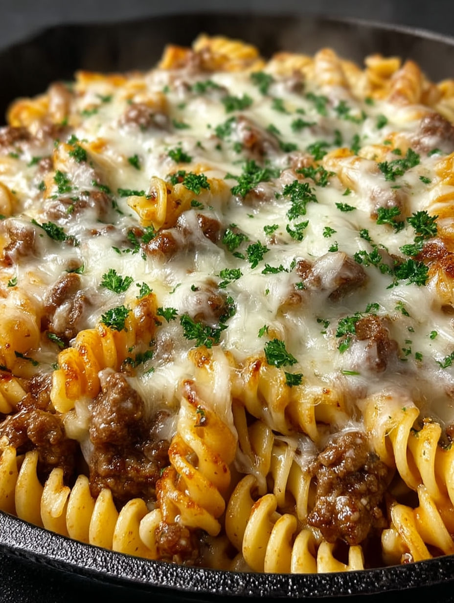 A close up of a cheese steak hamburger helper.