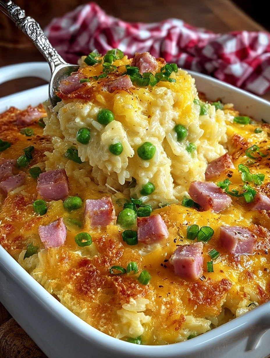 A close up of a cheesy ham and pea casserole.