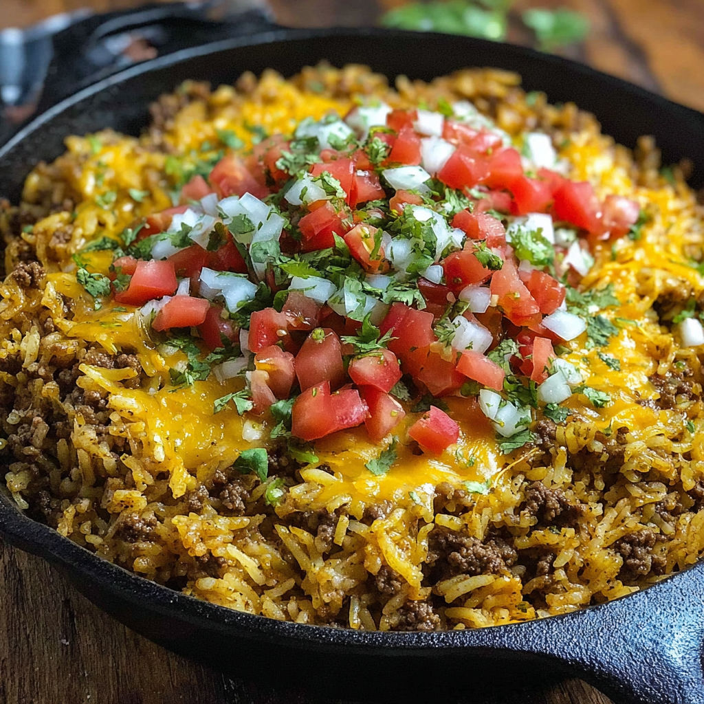 A skillet with rice, cheese, tomatoes, and onions.