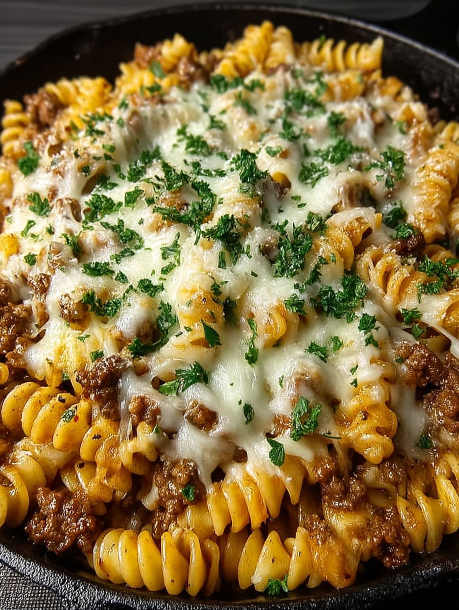 A close up of a cheese steak hamburger helper.