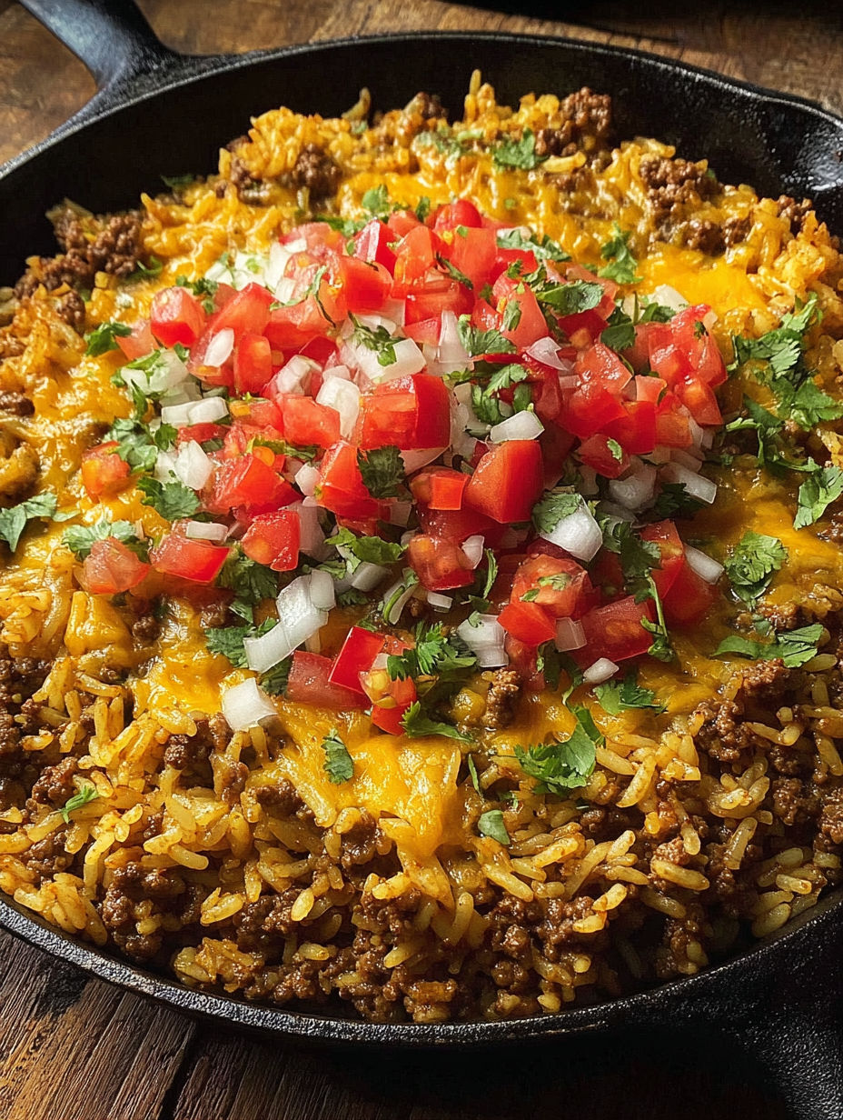 A delicious cheesy taco rice skillet dinner.