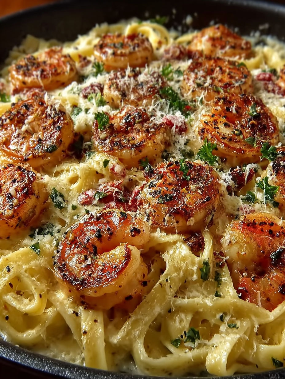 A delicious one pan shrimp fettuccine alfredo.