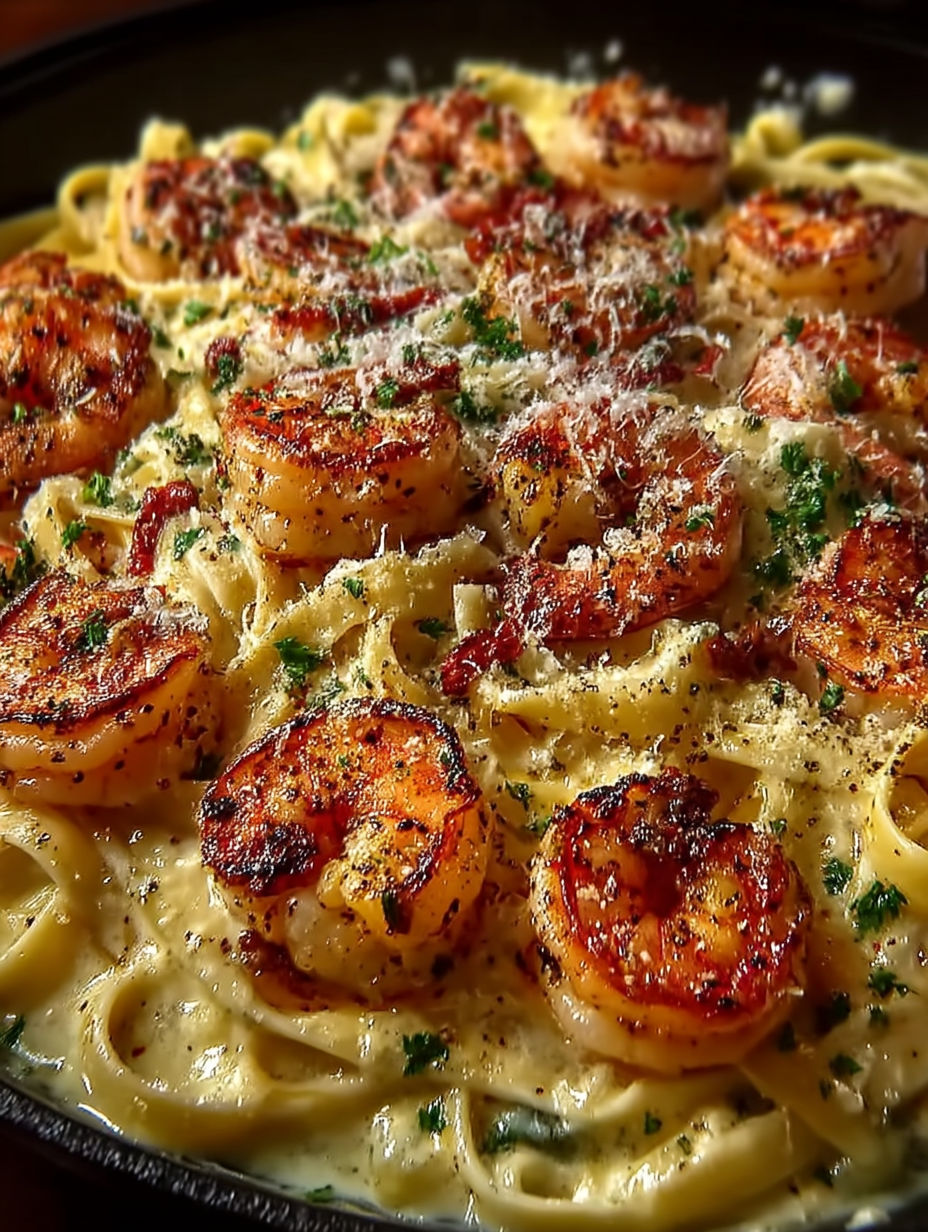 A delicious one pan shrimp fettuccine alfredo.