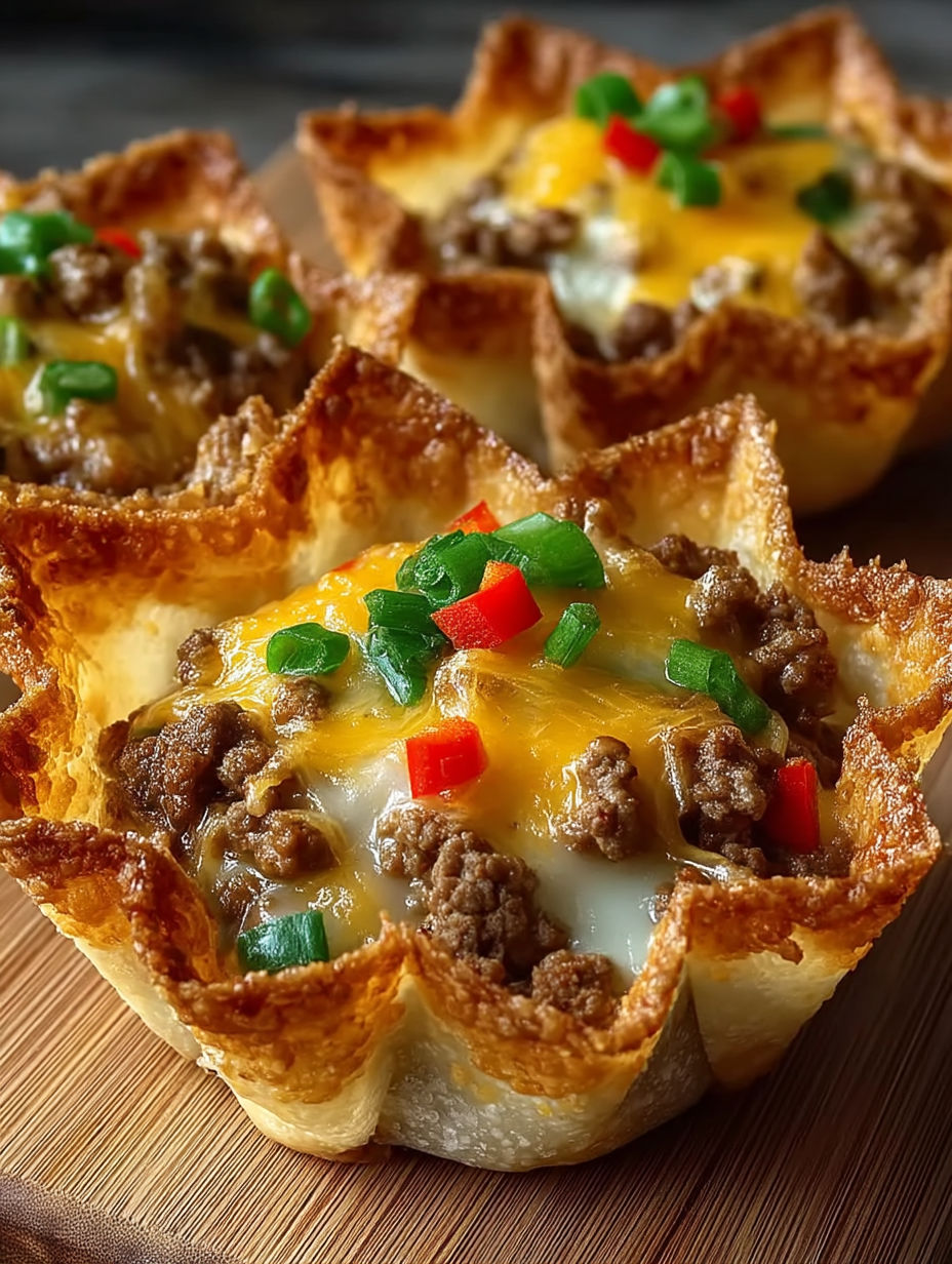 Cheesy sausage wonton cups on a wooden table.